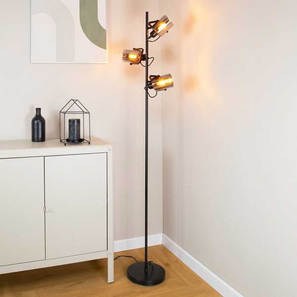 Zwarte staande lamp met smoke grijs glas, 3-lichts - Ferry