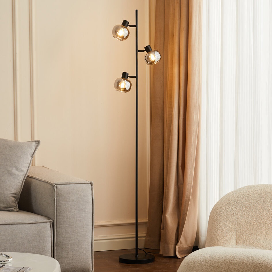 Lampadaire noir avec verre gris fumée à effet miroir, 3 lumières - Jesse