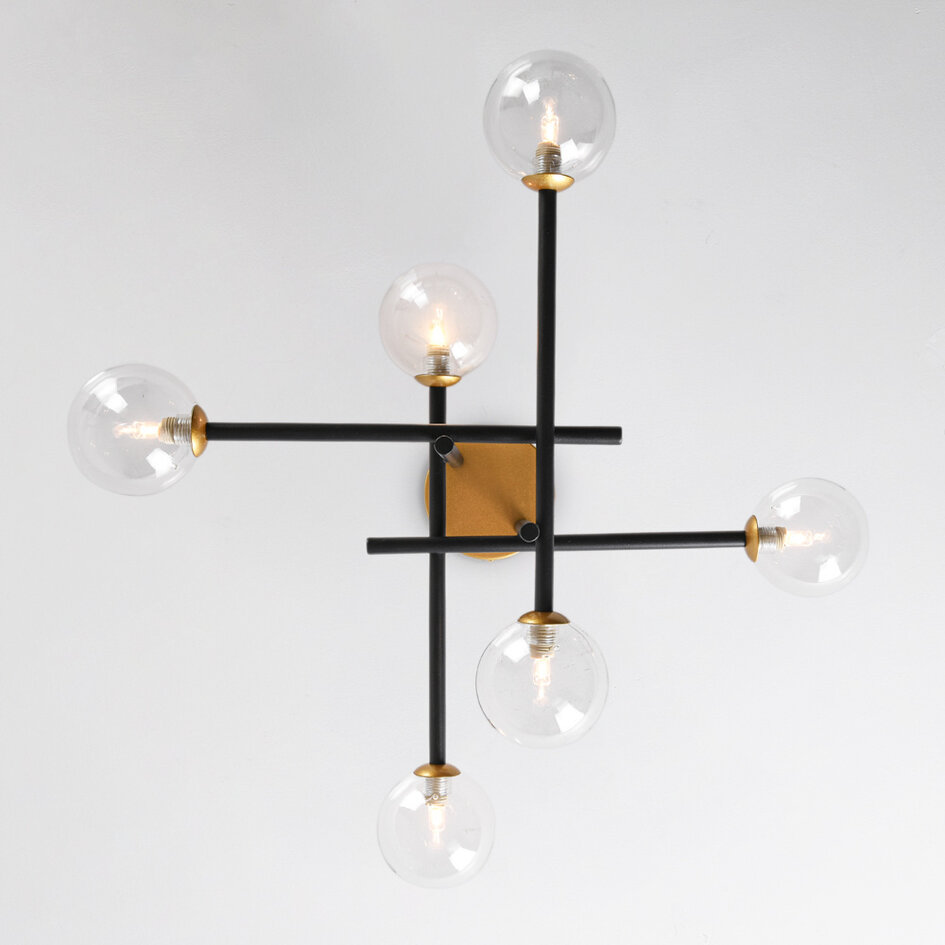 Plafonnier noir et doré en verre transparent, 6 lumières - Alec