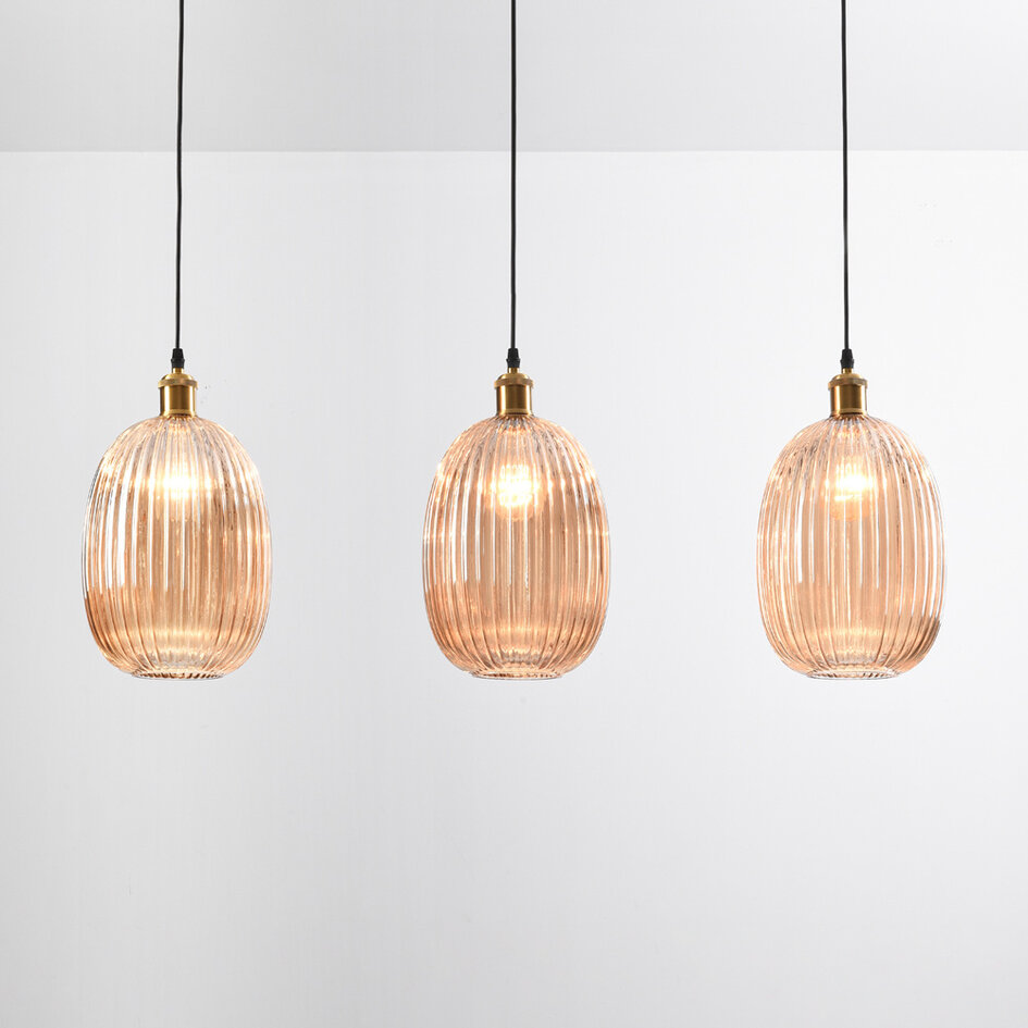 Hanglamp Erin van geribbeld amber glas, 3-lichts