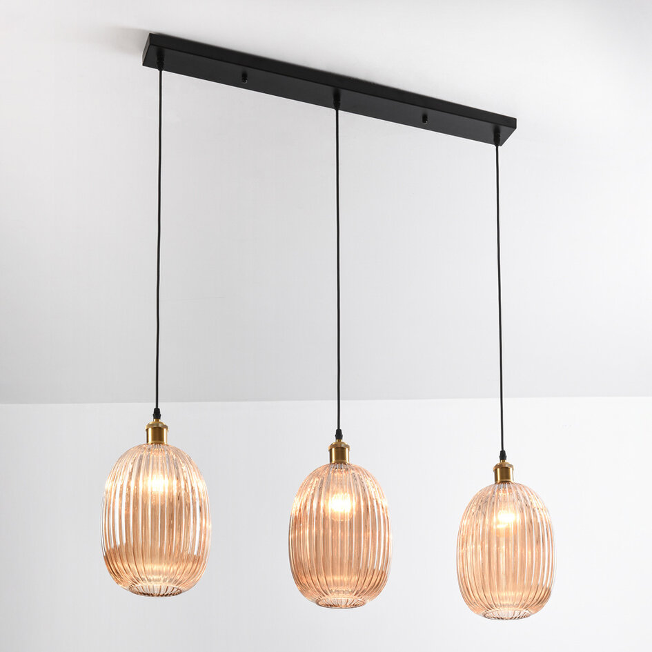 Hanglamp Erin van geribbeld amber glas, 3-lichts