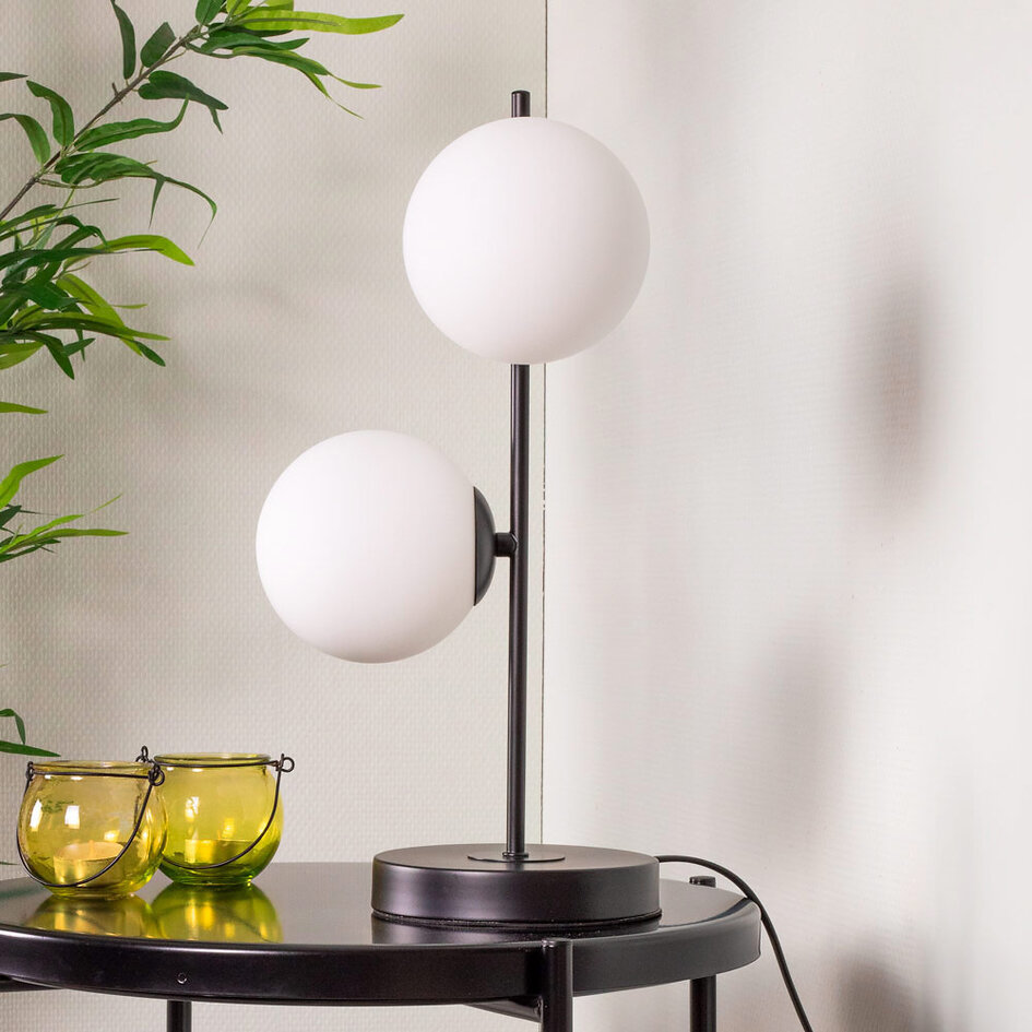 Lampe de table 2 lumières avec verre blanc laiteux et cadre noir - Ethan