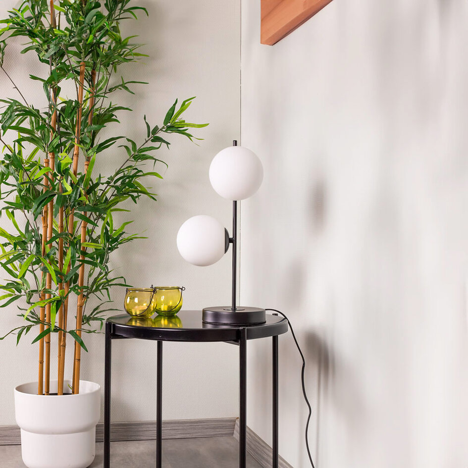 Lampe de table 2 lumières avec verre blanc laiteux et cadre noir - Ethan