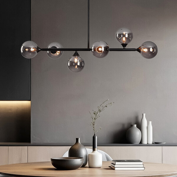 Design plafondlamp zwart met smoke glas, 6-lichts - Aster
