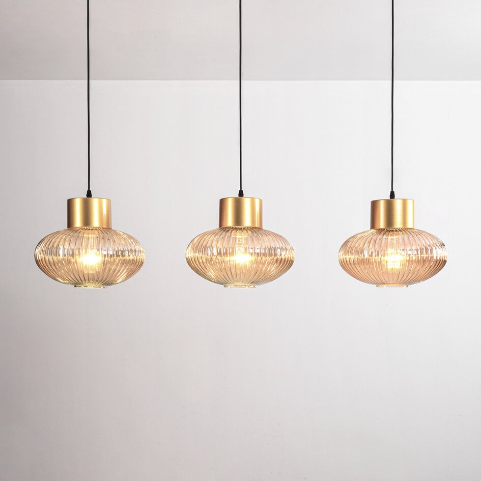 Suspension Imara 3 lumières en verre ambré - ambre et doré