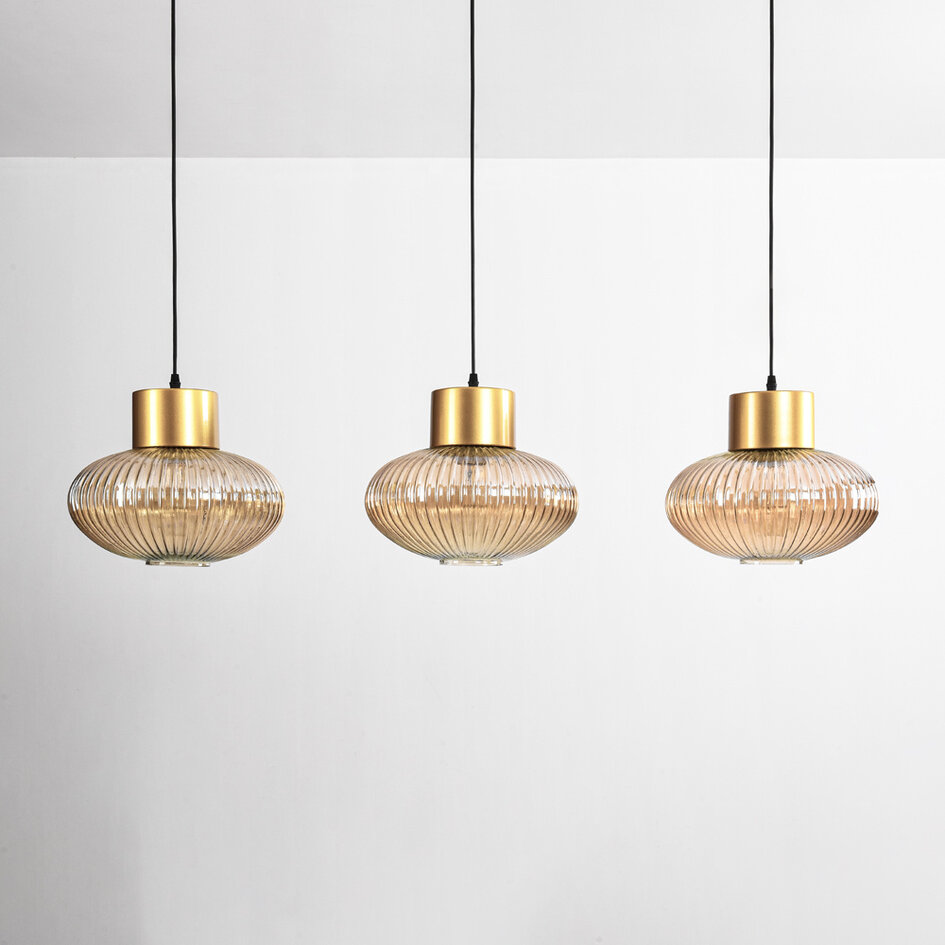 Suspension Imara 3 lumières en verre ambré - ambre et doré
