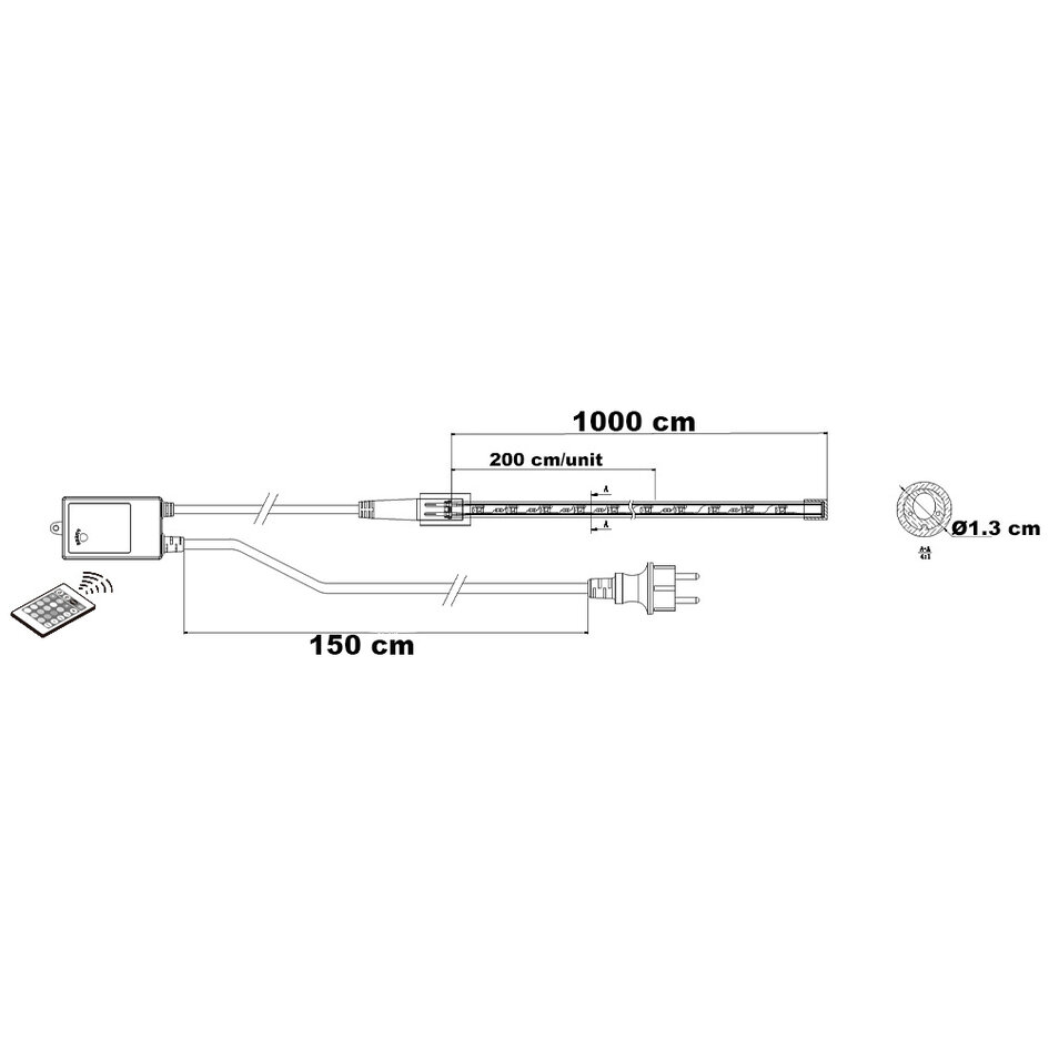 Tube lumineux RVB de 10 m, câble d'alimentation 1,5 m et télécommande inclus