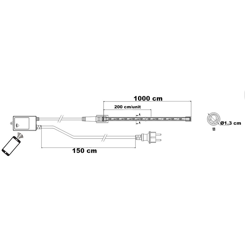 Tube lumineux RVB de 10 m, câble d'alimentation de 1,5 m et application TUYA