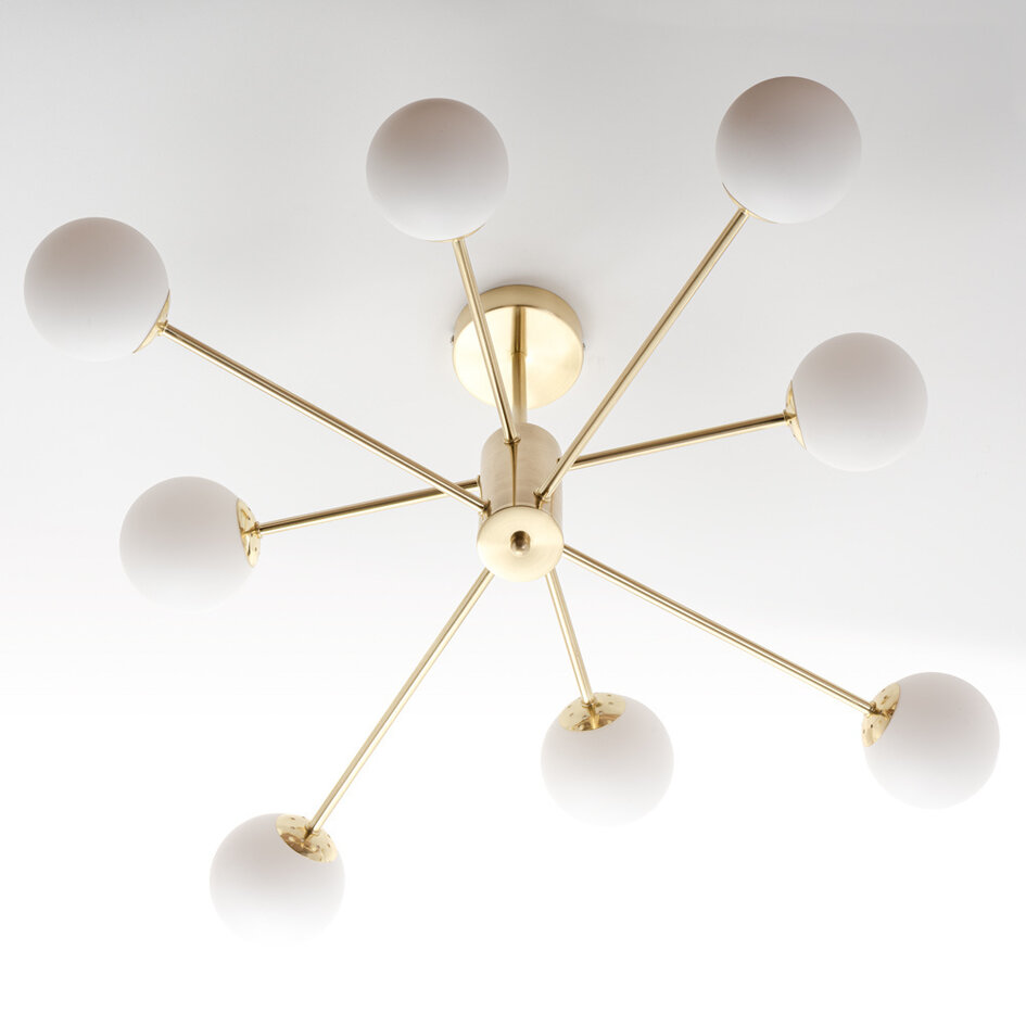 Design zandgouden plafondlamp met melkwit glas - 8-lichts Idaho