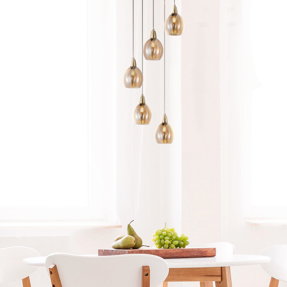 Design mat zwarte met zandgouden hanglamp en amberkleurig glas 5-lichts - Baton