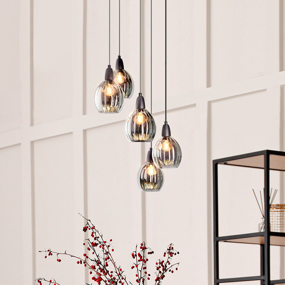 Suspension design 5 lumières Boise - noir et verre fumé