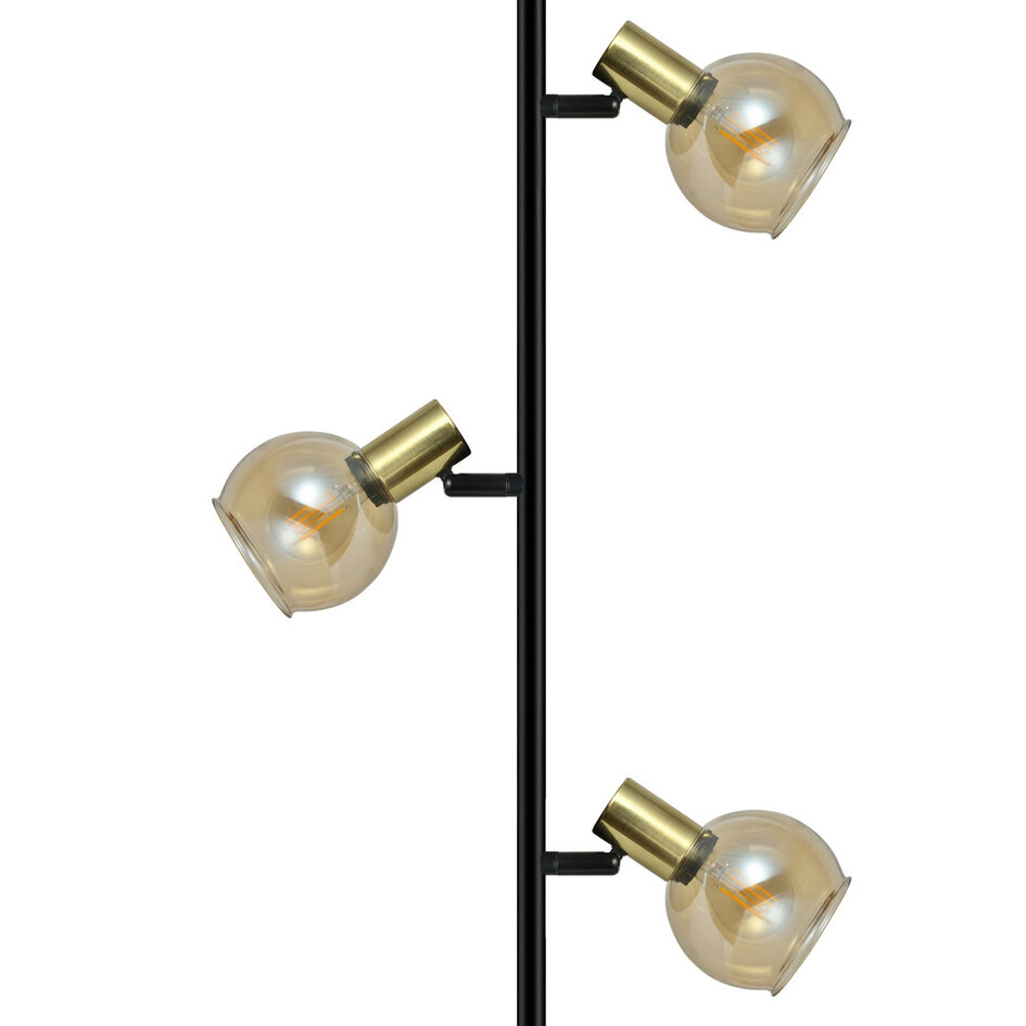 Lampadaire moderne noir mat et or avec verre ambré 3 Lumières - Fayette