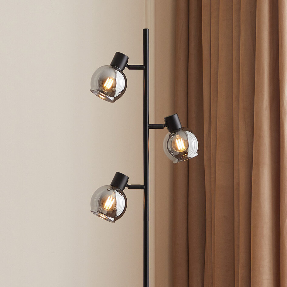 Moderne mat zwarte staande lamp met smoke grijs glas - 3-lichts Mesa