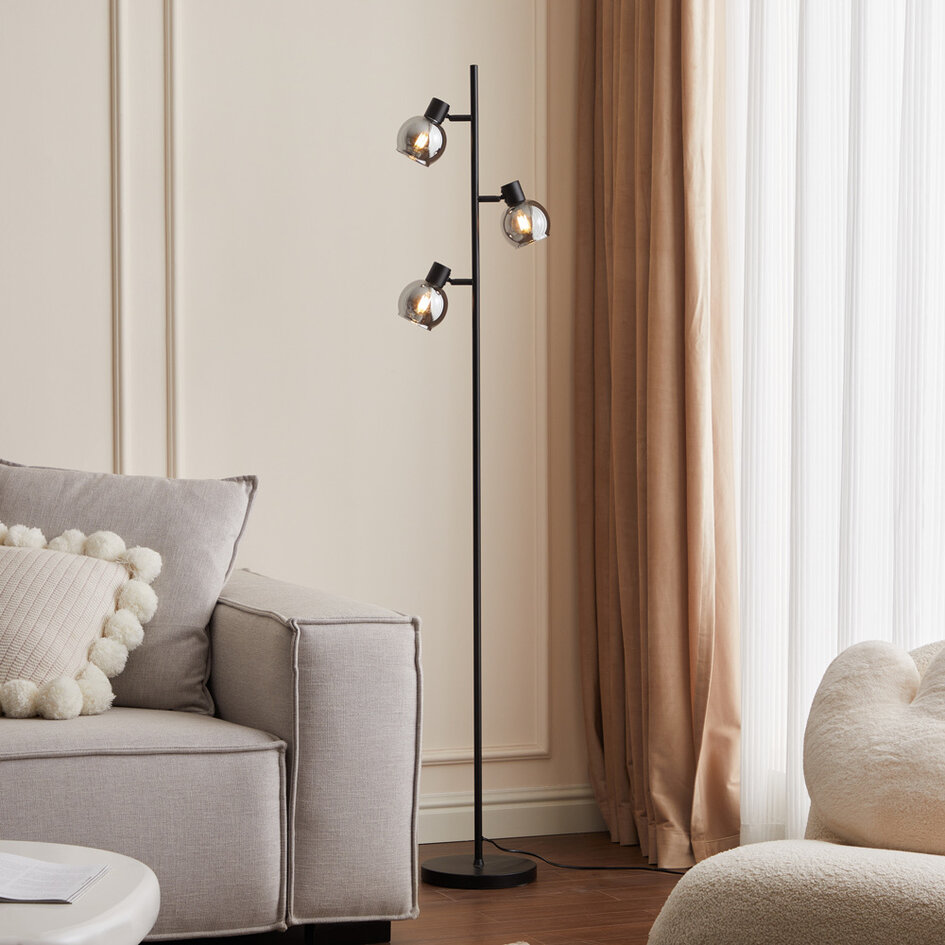Lampadaire moderne noir mat avec verre gris fumé à effet miroir 3 lumières - Mesa