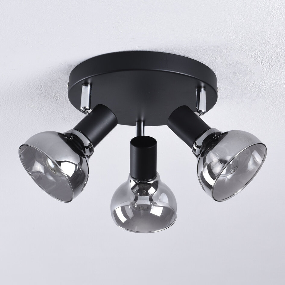 Plafonnier à spots moderne Atlanta 3 lumières, noir mat et verre fumé gris
