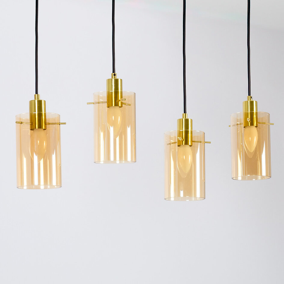 Industriële mat zwarte en  zand gouden hanglamp met amberkleurig glas  4-lichts  - Tuscon