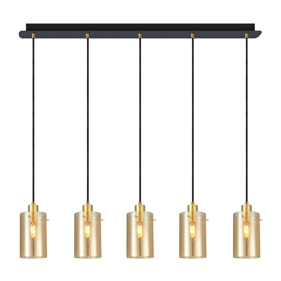 Moderne mat zwarte en zand gouden hanglamp met amberkleurig glas 5-lichts  - Seattle