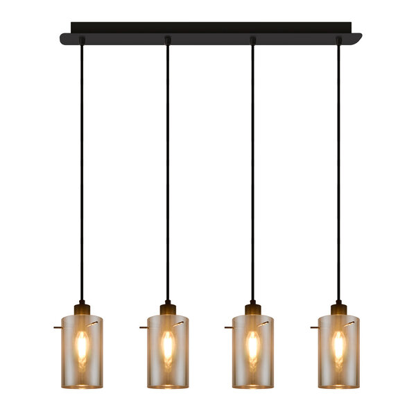 Moderne  mat zwarte hanglamp met smoke grijs glas 4-lichts  - Worth