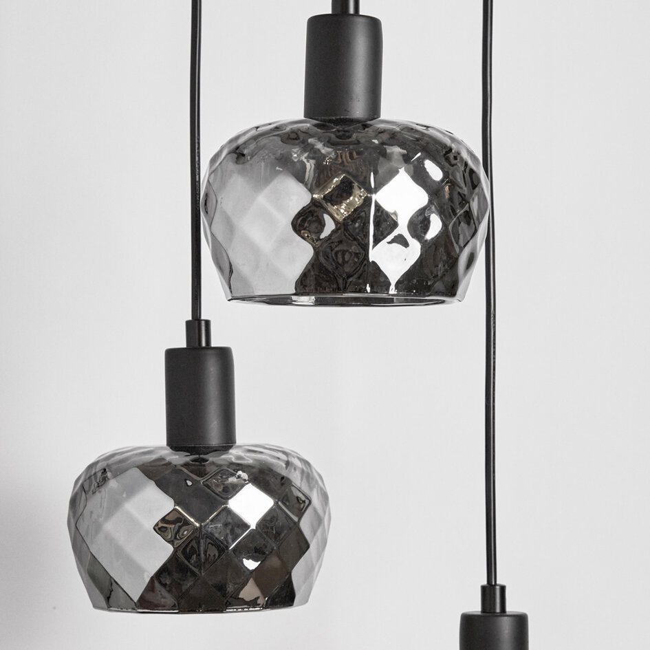 Mat zwarte hanglamp met smoke grijs glas 3-lichts  - Reno