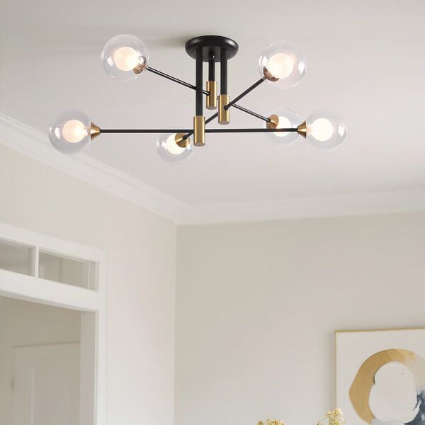 Design plafondlamp zwart met goud, 6-lichts - Aura