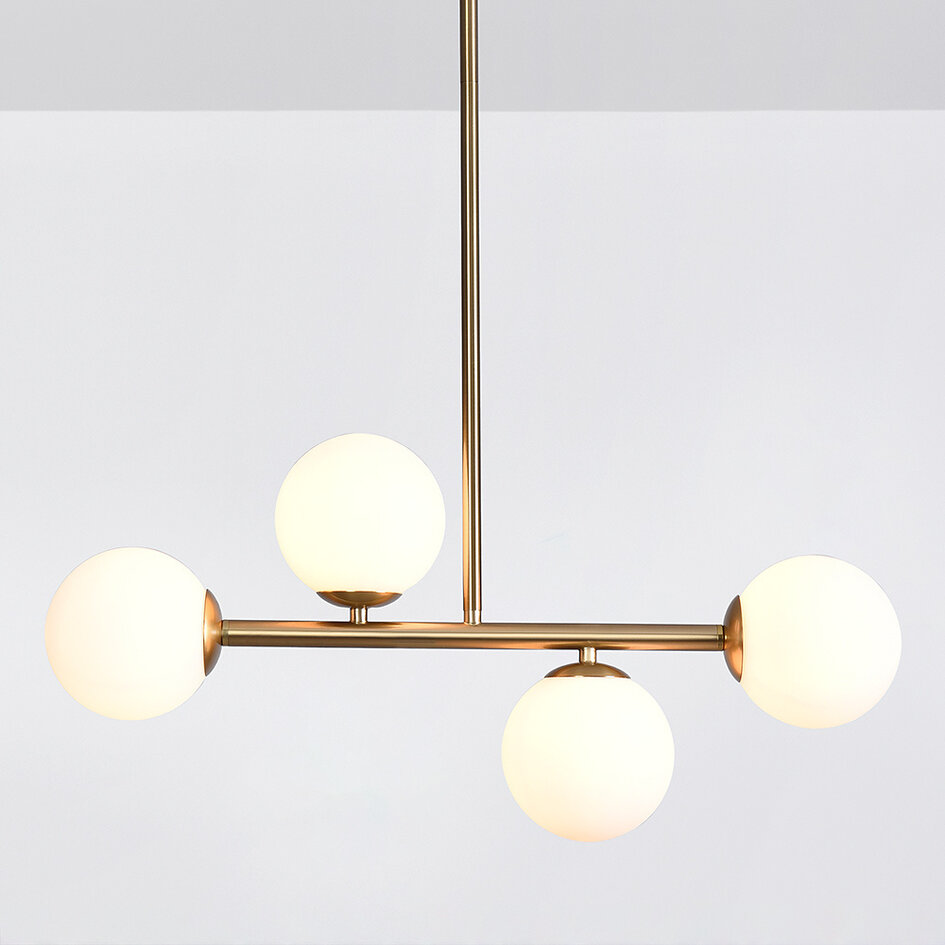 Suspension design doré avec verre blanc laiteux, 4 lumières - Asun