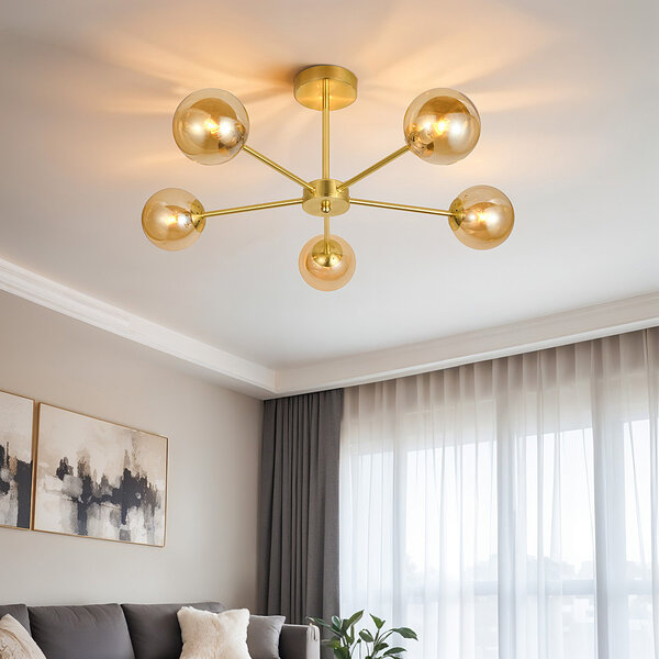 Moderne goudkleurige plafondlamp met amberkleurig glas, 5-lichts - Louisa
