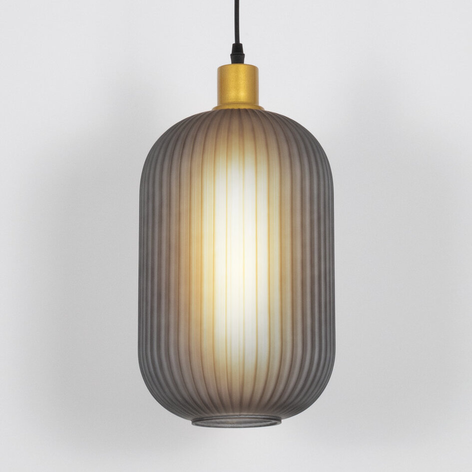 Retro hanglamp van geribbeld grijs glas - Doran