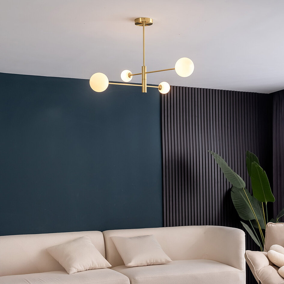 Plafondlamp Stiri 4-lichts goud met melkwit glas