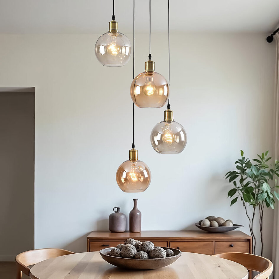 Suspension 4 lumières avec verre Cognac et ambré - Livia