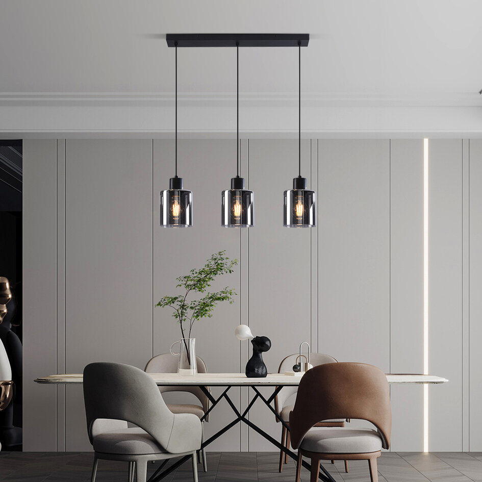 Suspension noire 3 lumières en verre fumé - Palaio