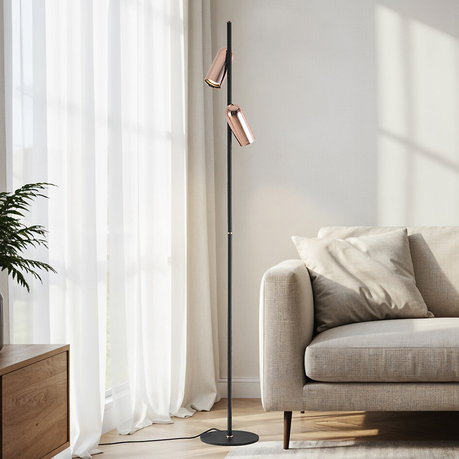 Zwarte vloerlamp Kisho met 2 spots - gouden details