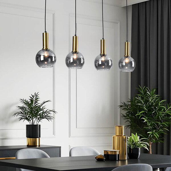 Lampe suspendue Imke noir avec détails dorés et verre fumé, 4 lumières
