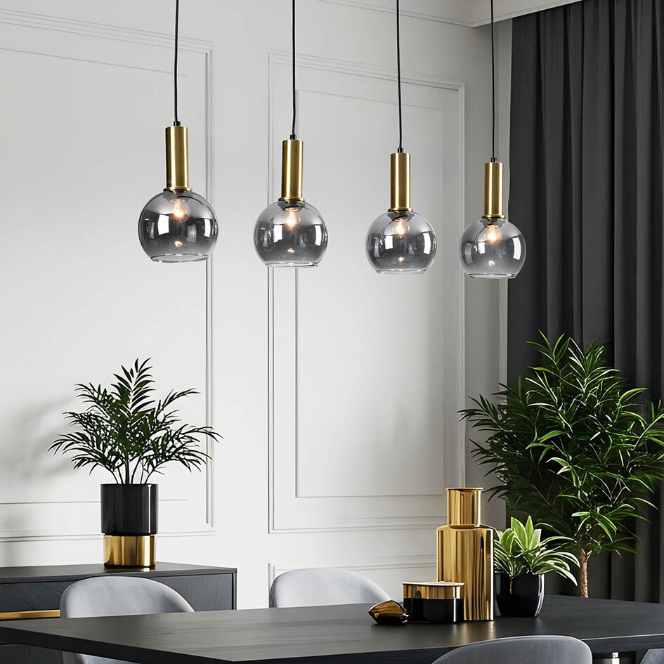 Lampe suspendue Imke noir avec détails dorés et verre fumé, 4 lumières