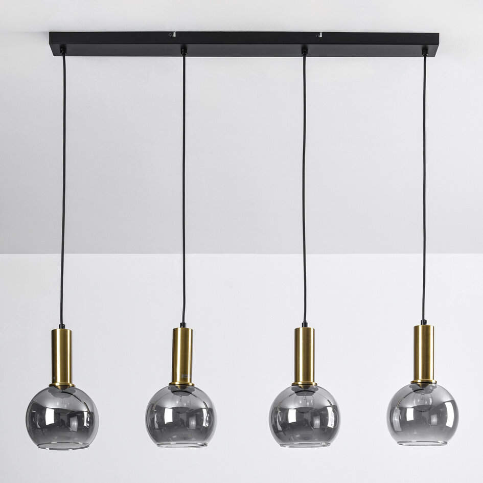 Hanglamp Imke zwart met gouden details en rookglas, 4 lichts