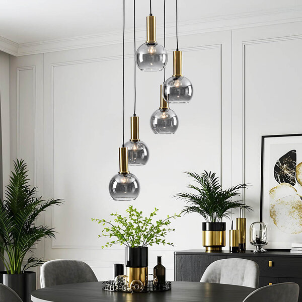 Lampe suspendue design Imme or avec verre fumé, 5 lumières