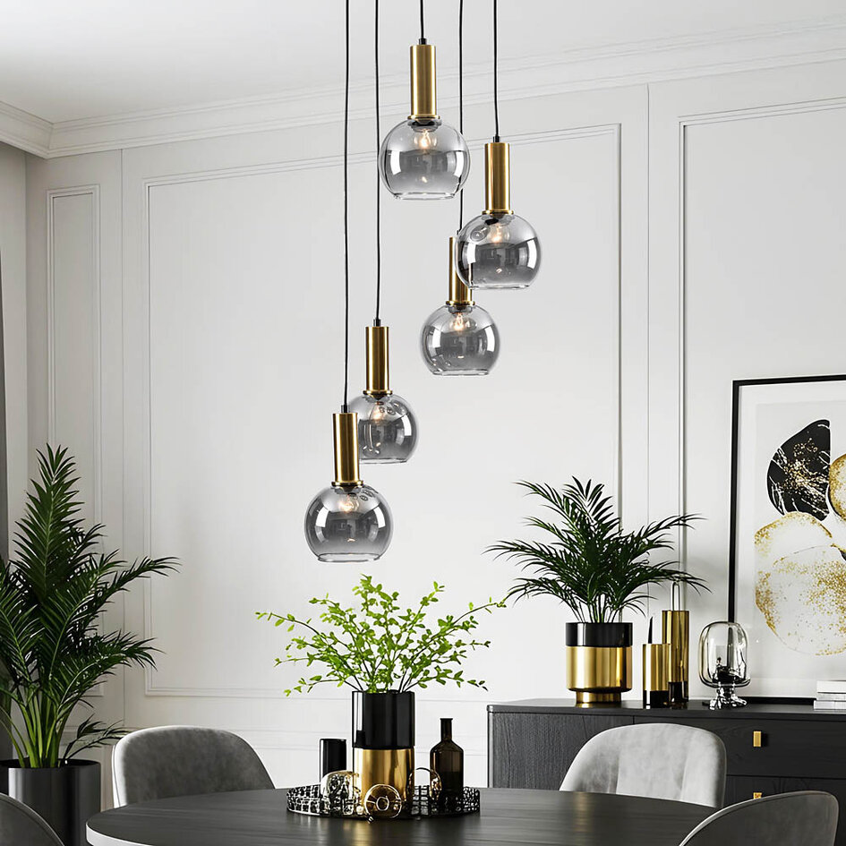 Lampe suspendue design Imme or avec verre fumé, 5 lumières