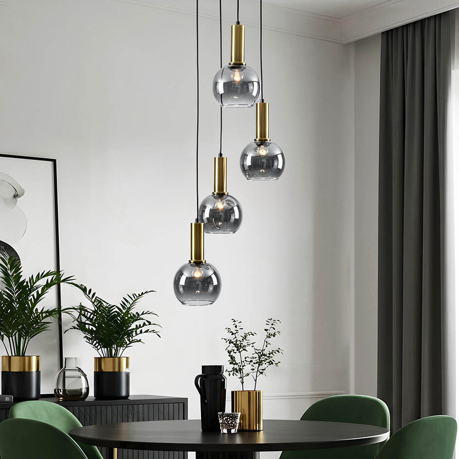 Design gouden hanglamp met smoke glas, 4-lichts - Imme