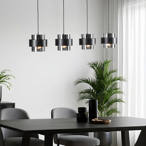 Lampe suspendue Faey noir avec verre fumé, 4 lumières
