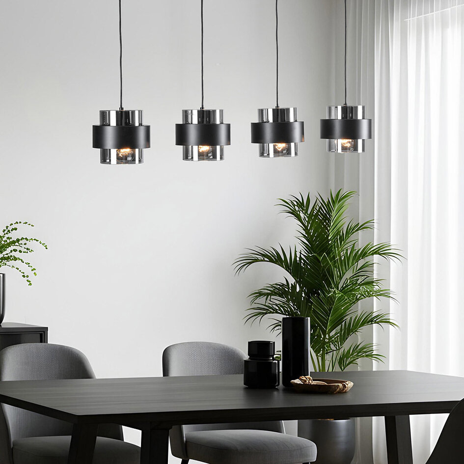 Lampe suspendue Faey noir avec verre fumé, 4 lumières
