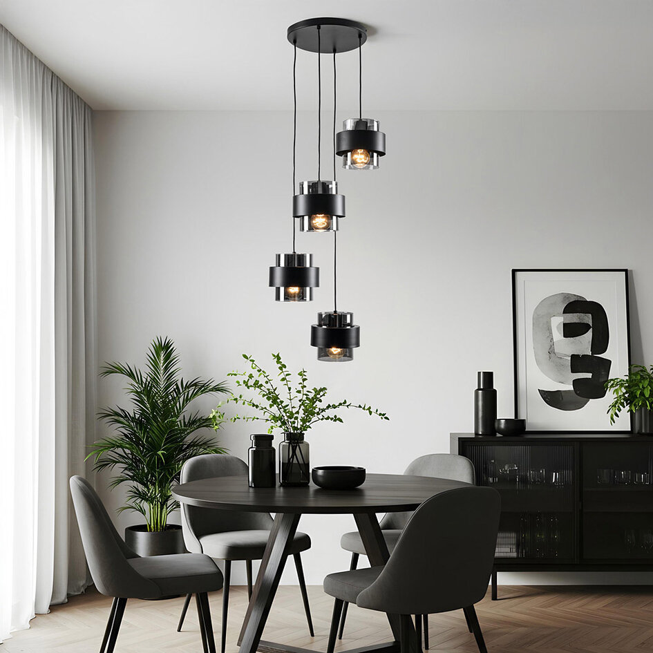 Lampe suspendue moderne noire avec verre fumé, 4 lumières - Fynna
