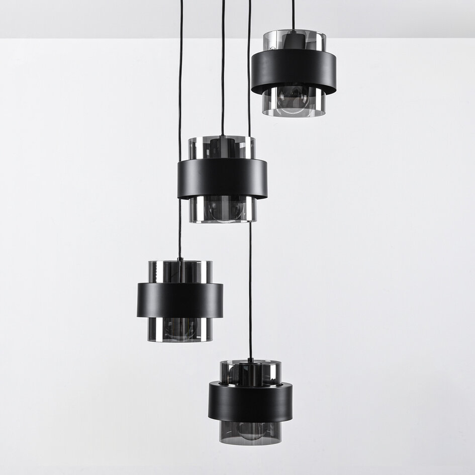 Lampe suspendue moderne noire avec verre fumé, 4 lumières - Fynna