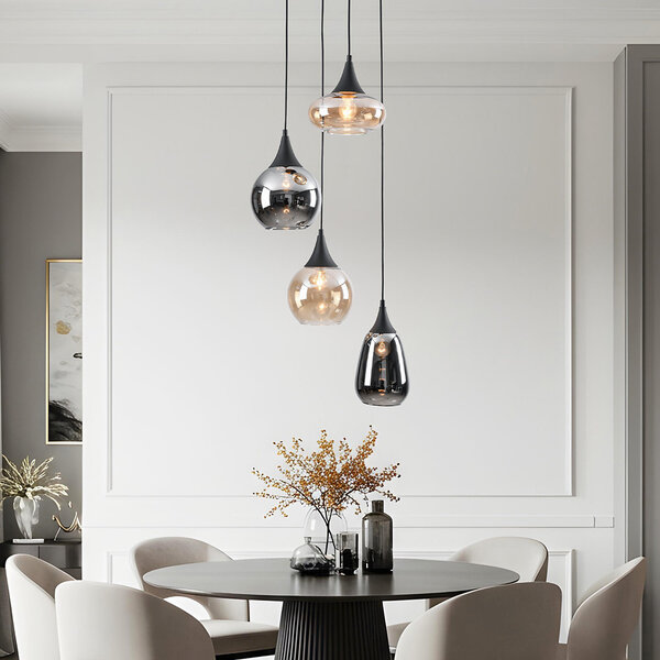 Lampe suspendue 4 lumières noire avec verre ambré et fumé - Loïs