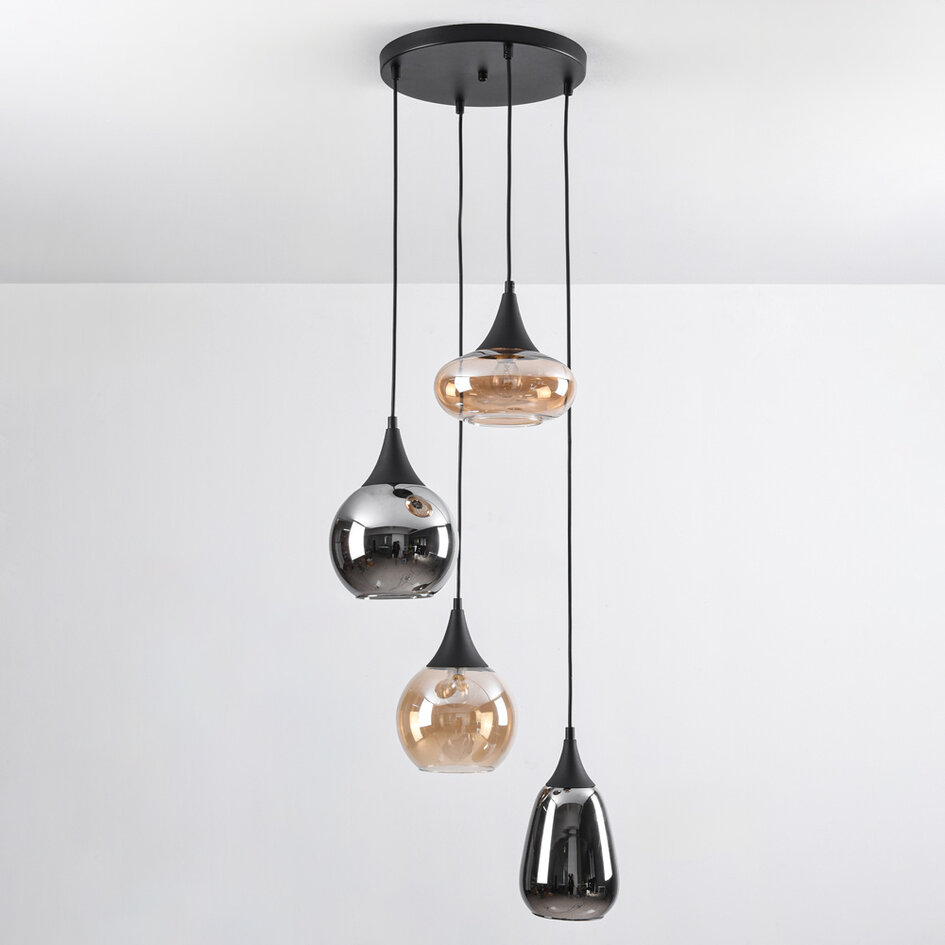 Hanglamp 4-lichts zwart met amber en smoke glas - Loïs