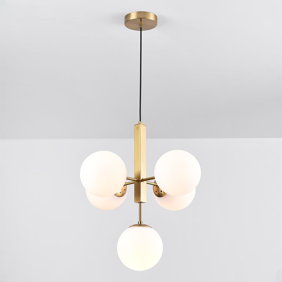 Suspension moderne Kenji 5 lumières avec globes en verre - doré