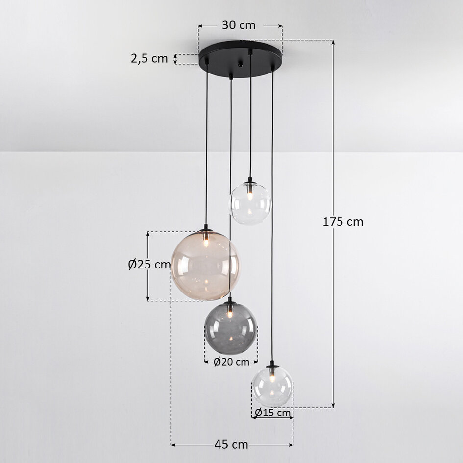 4-lichts design hanglamp Luminor met diverse glazen bollen