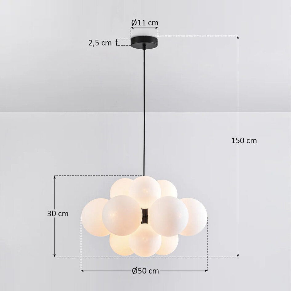 Lampe suspendue moderne 12 lumières noire avec verre blanc laiteux - Decadi