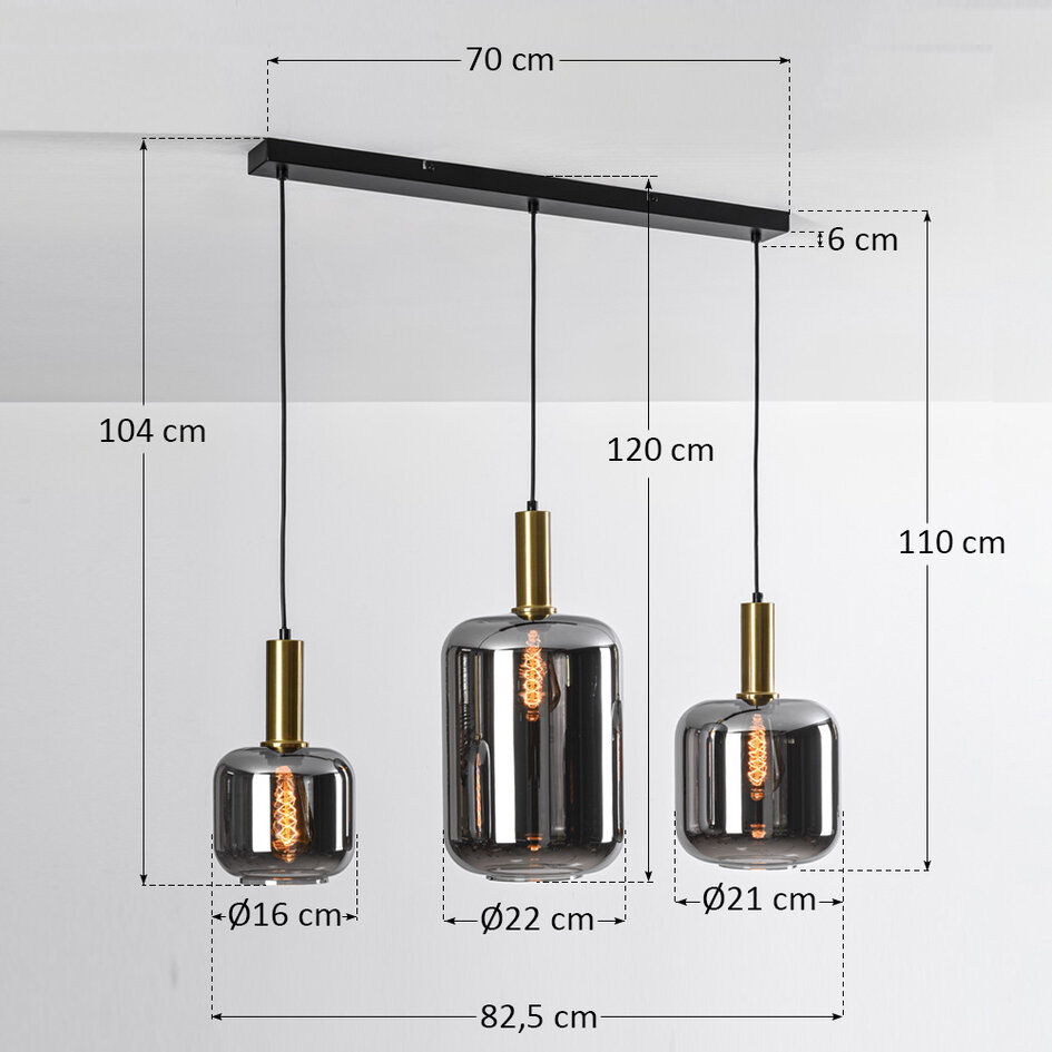 3-lichts zwart met gouden hanglamp Tectos met smoke glas