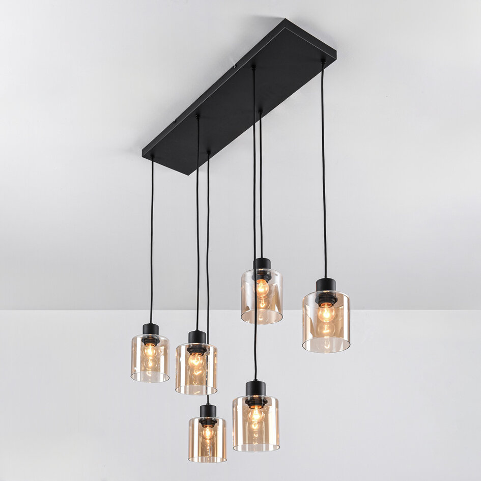 Lampe suspendue noire Palaio avec verre ambré, 6 lumières
