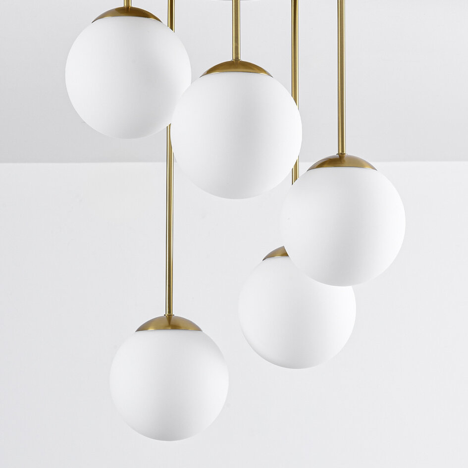 Ronde plafondlamp goud met melkwit glas, 5-lichts - Carat