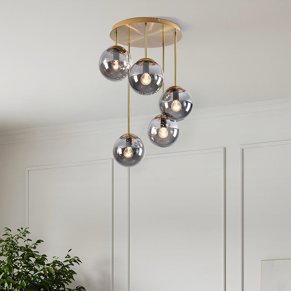 Plafonnier rond or avec verre fumé, 5 lumières - Carat